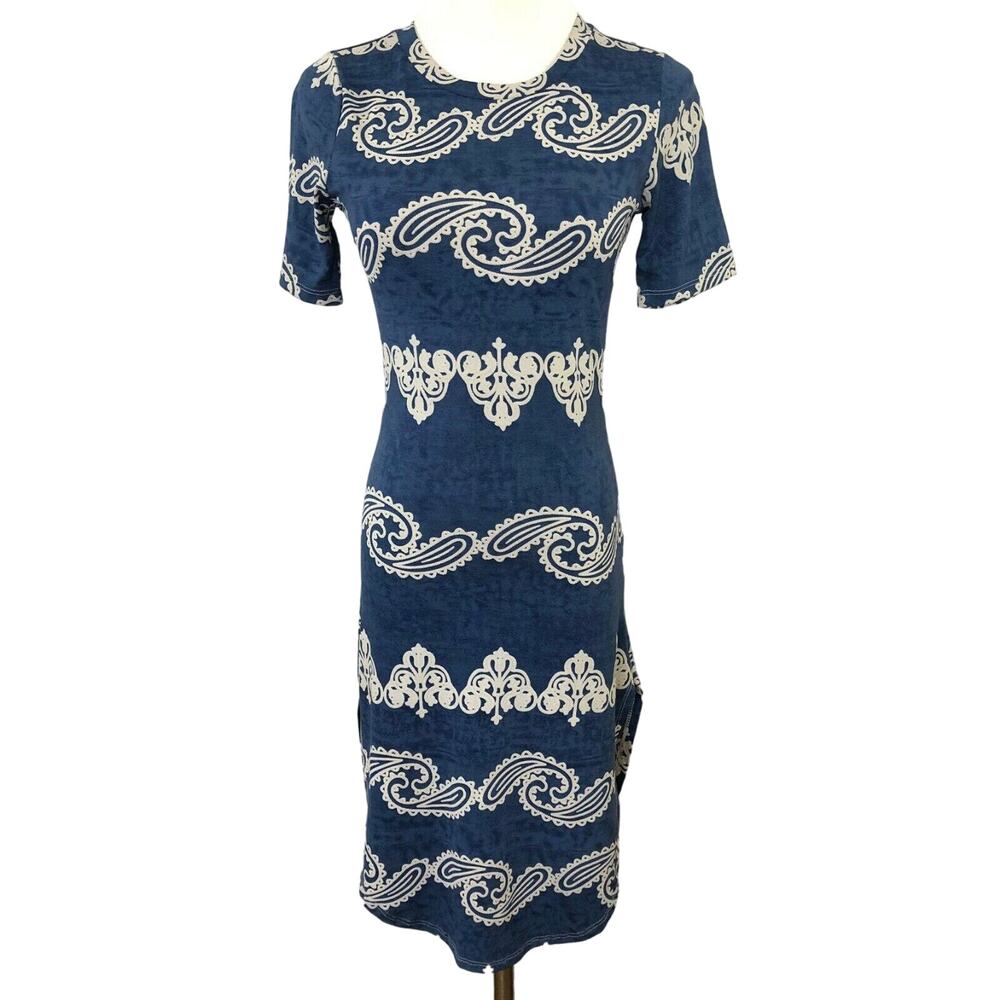 Love Nation Bodycon Sheath Midi Dress Round Neck Paisley Slinky Size Small